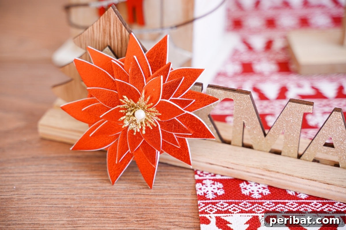 Craft Your Own Foam Poinsettia Brooch or Festive Ornament 5 Foam poinsettia on wooden sign by red and white holiday paper