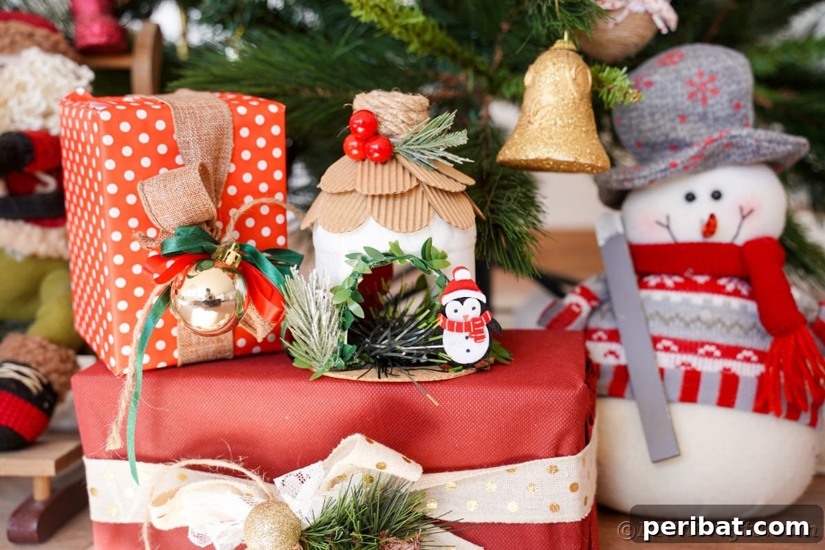 miniature house with cardboard shingles sitting on top of maroon package in front of holiday tree
