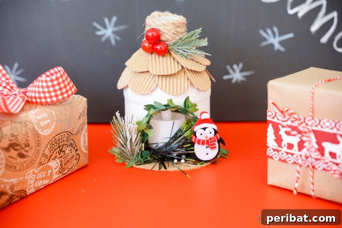 plastic bottle house painted white sitting on red table with chalkboard background