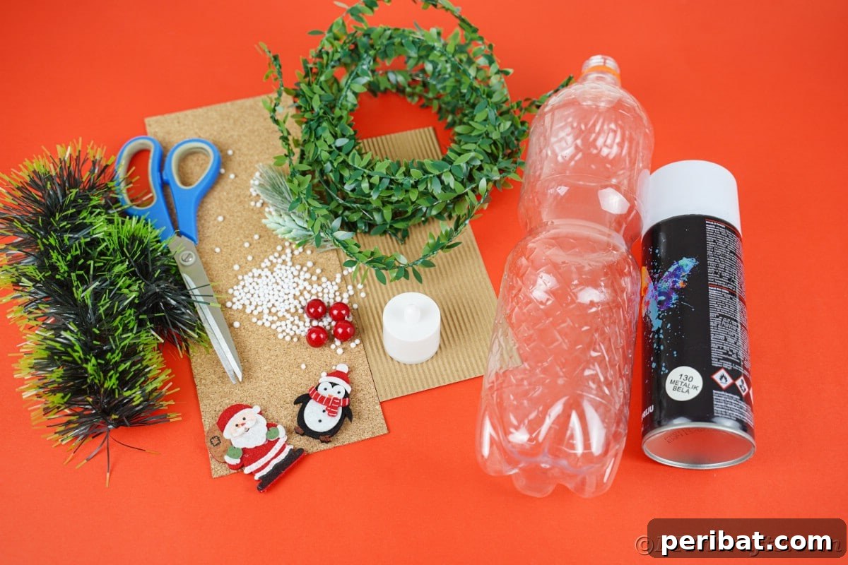 red table with cardboard greenery plastic bottle can of paint scissors and other craft supplies