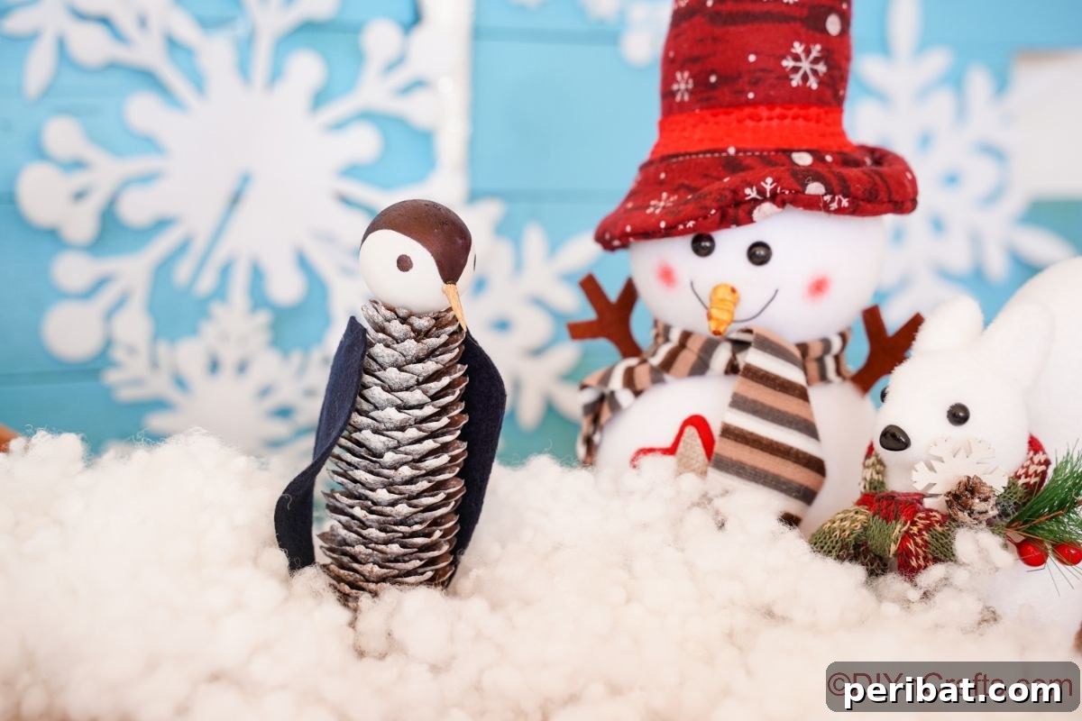 Winter Pinecone Penguin Fun 7 A sweet pinecone penguin perched on fluffy fake snow with a soft blue background, evoking a peaceful winter landscape.