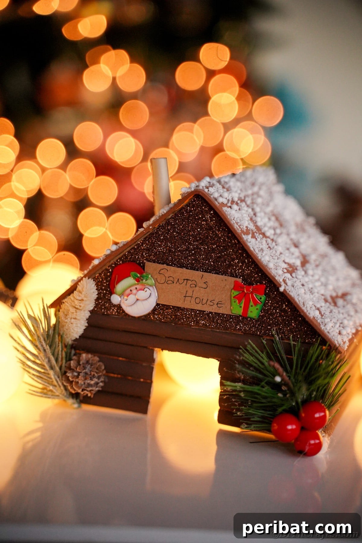 brown log cabin miniature santas workshop on table with candle inside and twinkle lights in background