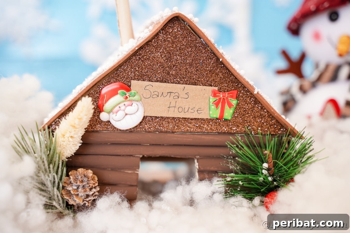 front of miniature brown log cabin santa workshop with blue background