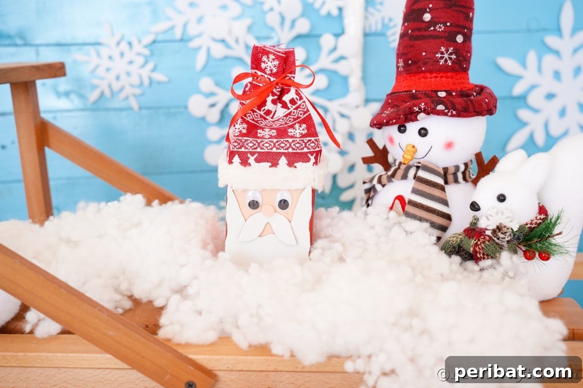 Jolly Upcycled Milk Carton Santa Candy Box 7 Mini Santa Claus figure on fake snow on top of a wooden bridge, a festive holiday scene