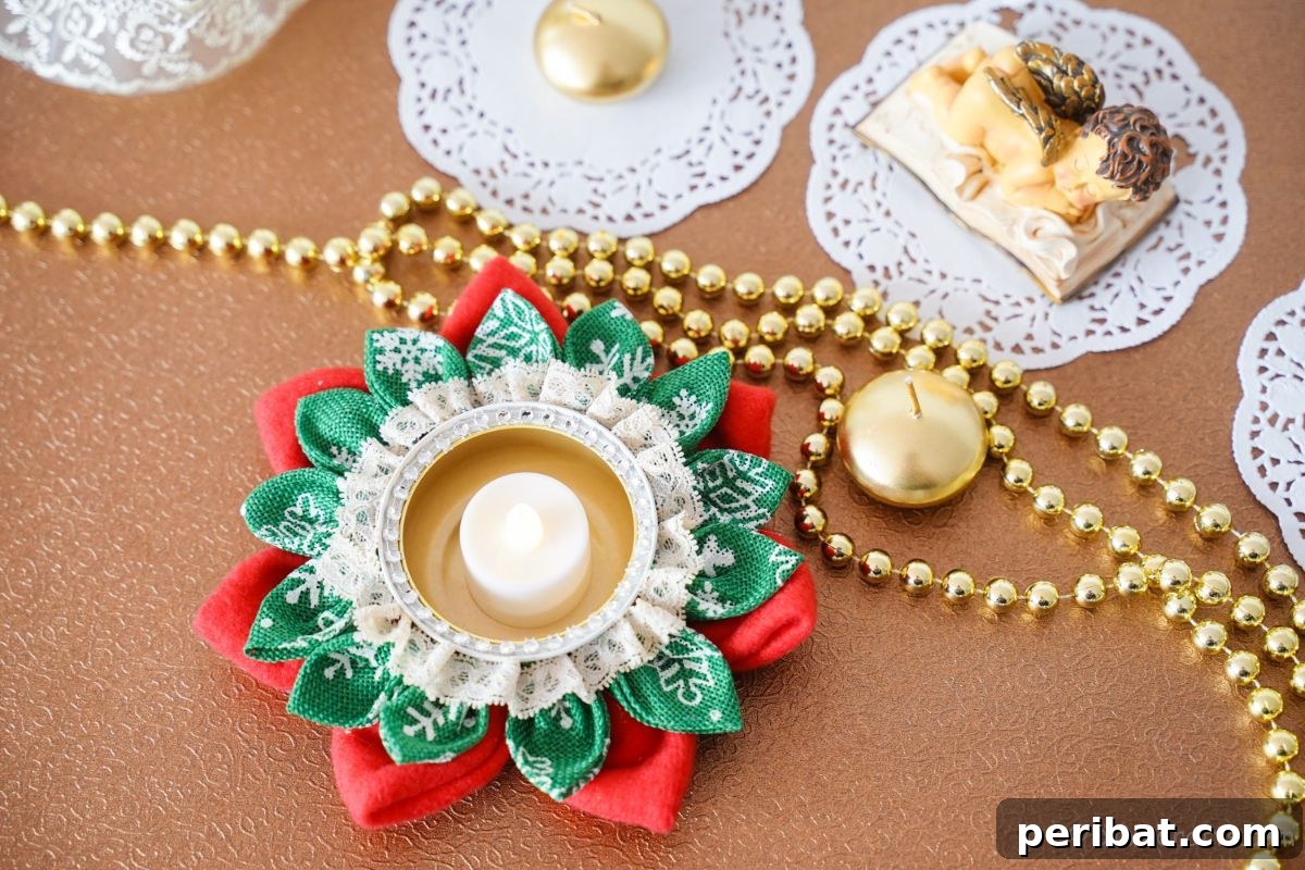 Festive Fabric Floral Candle Centerpiece 7 brown table topped with white doilies gold beads and a christmas candle holder