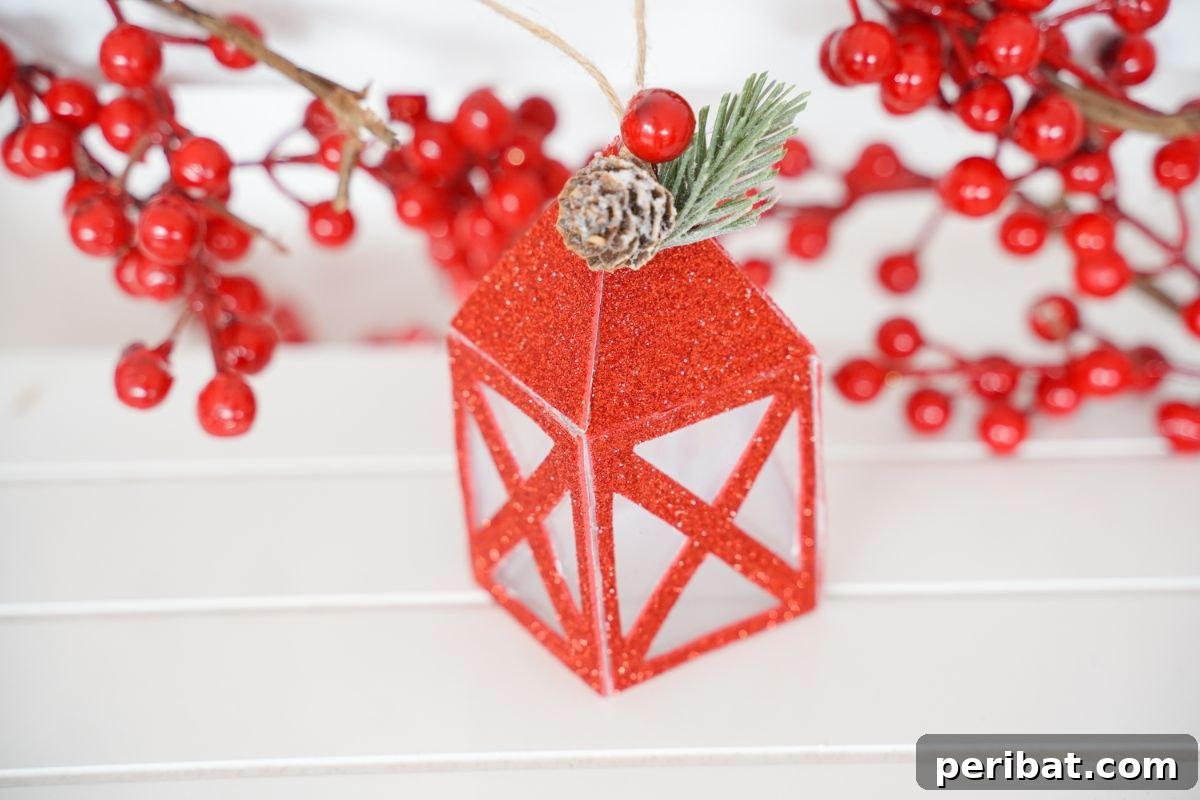 white shiplap with mini red lantern by fake red berries