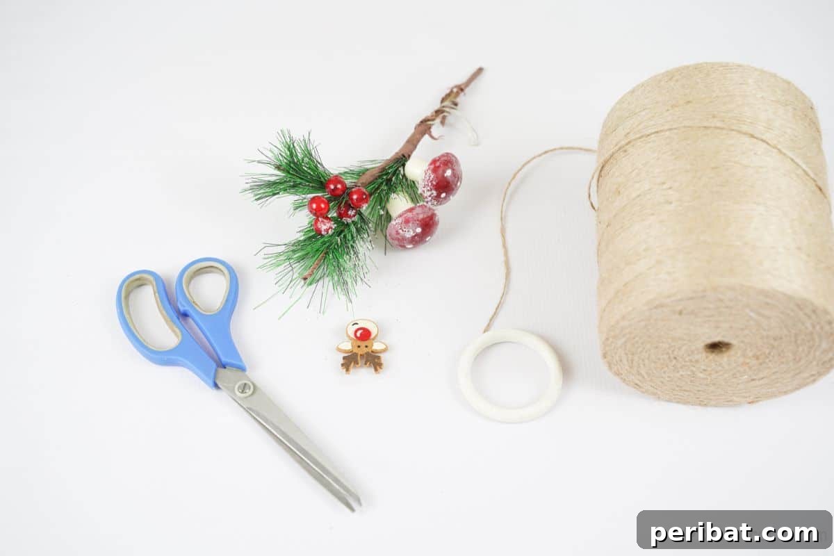 Crafting supplies including twine, a Styrofoam ring, and various holiday picks, neatly arranged on a white table, ready for the Rudolph wreath ornament project.