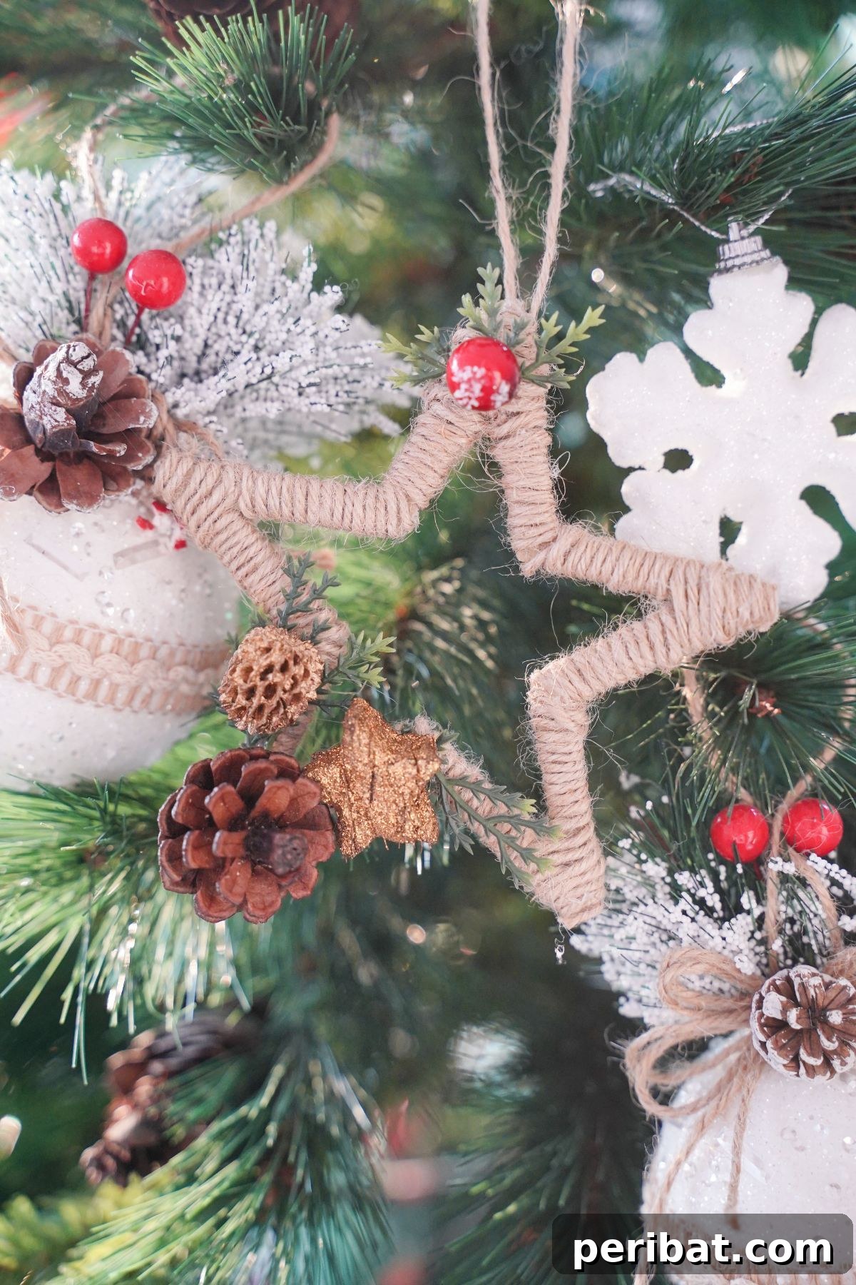 Twine-Wrapped Star Christmas Ornament hanging elegantly on a festive tree amidst warm lights.