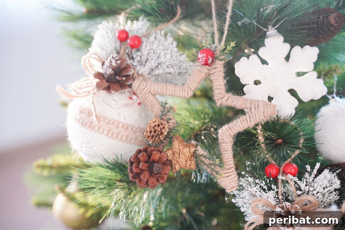 A charming twine-wrapped star ornament gracefully hanging amidst the branches of a Christmas tree.