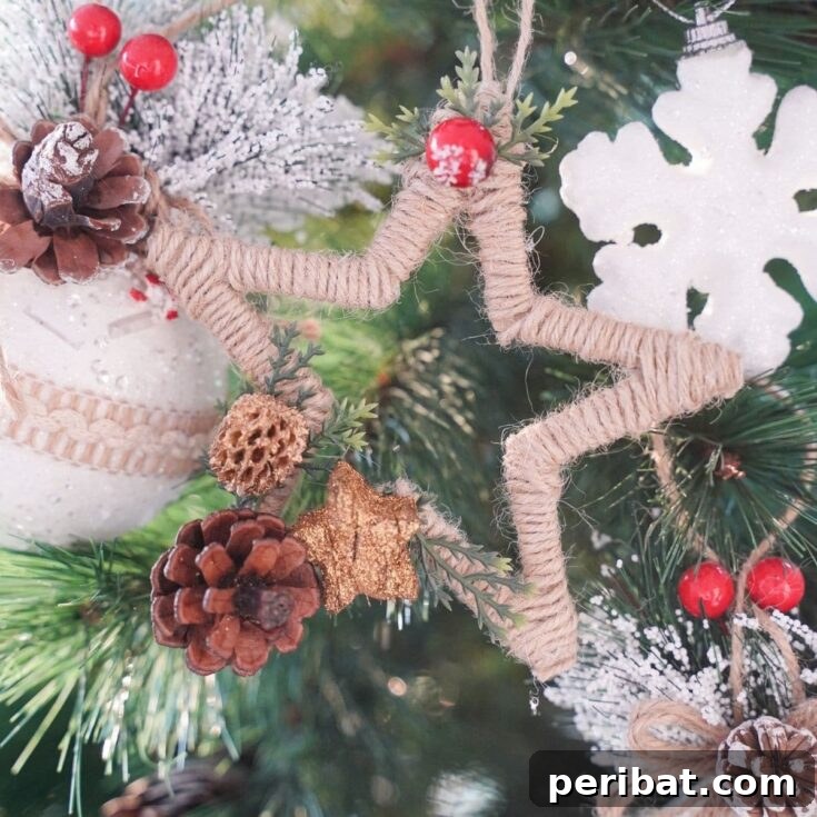 A finished twine-wrapped star ornament, representing the crafting project.