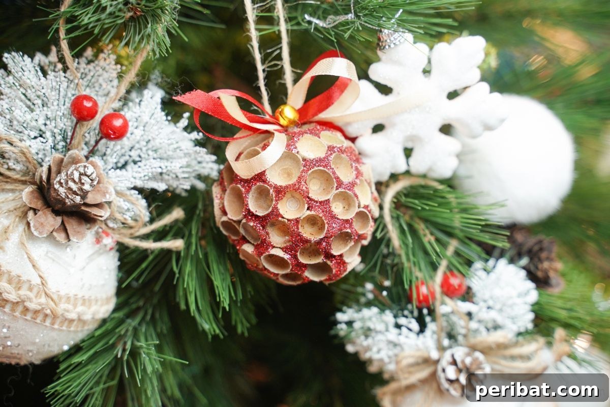 Handcrafted Sparkling Acorn Cap Christmas Ornament 15 A dazzling acorn cap glitter ornament hangs elegantly from a branch of a festive Christmas tree, catching the light.