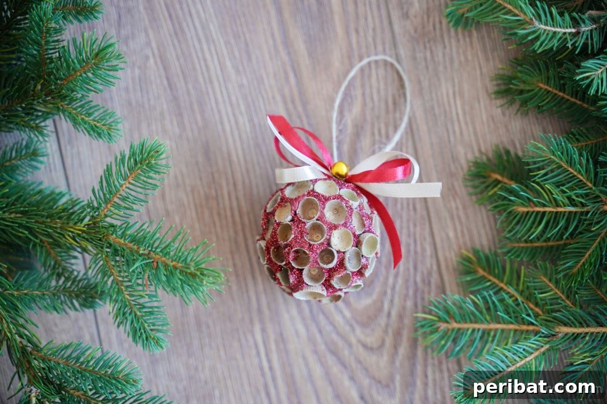 Handcrafted Sparkling Acorn Cap Christmas Ornament 3 Close-up of a finished round glitter ornament featuring acorn caps, resting on a rustic wooden table surrounded by festive greenery.