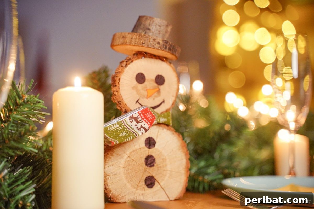 Charming Wood Slice Snowman Winter Display 4 A charming wooden snowman decoration with a red scarf, positioned next to festive green foliage and a white pillar candle, creating a cozy holiday vignette.