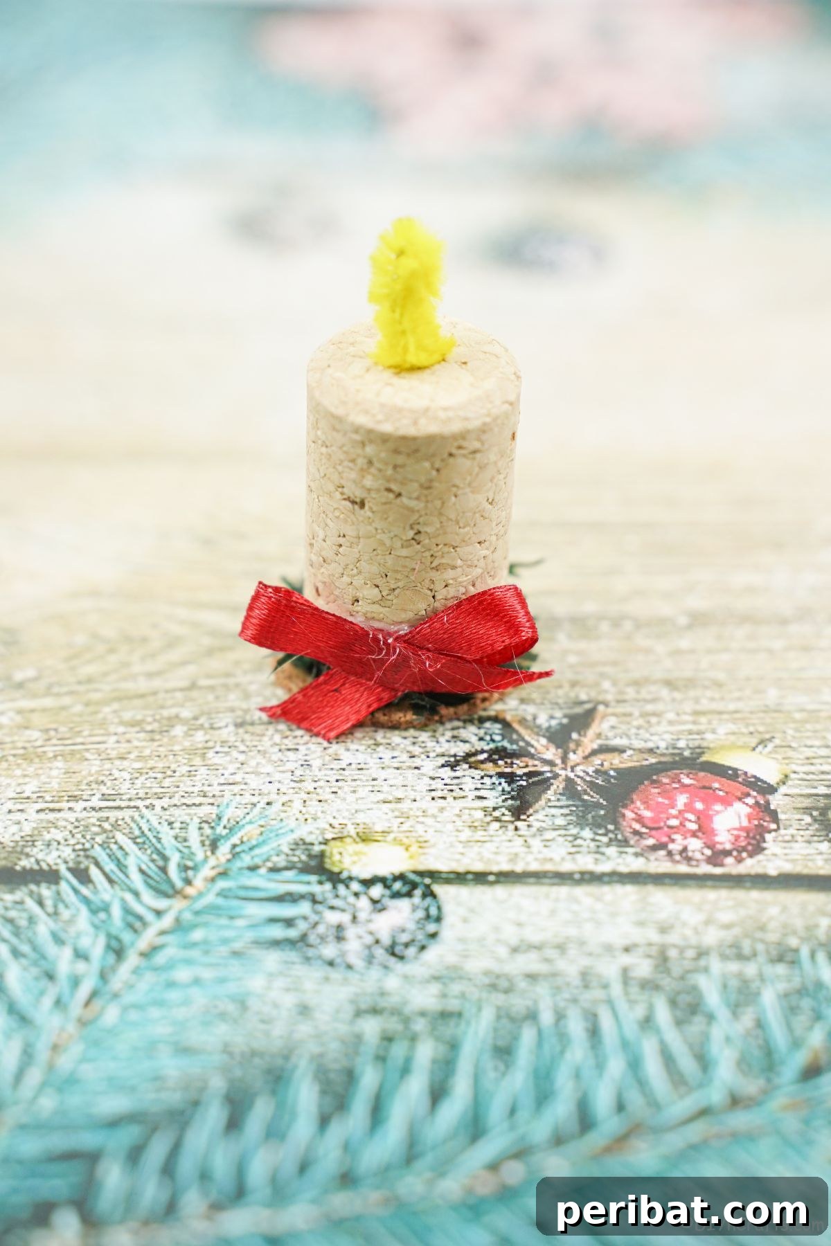 Crafted Wine Cork Candle Accents 18 holiday paper that is teal with fake leaves holding wine cork candle