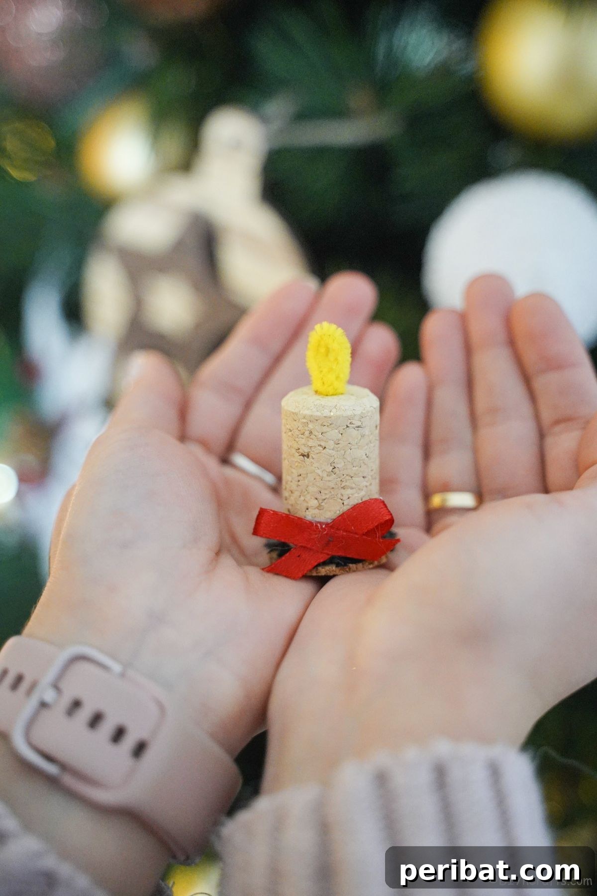 Crafted Wine Cork Candle Accents 4 wine cork candle being held in hands by tree
