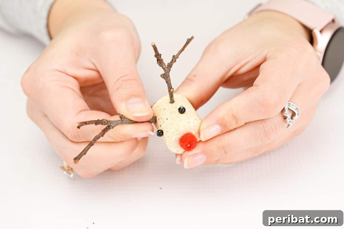 Whimsical Wine Cork Reindeer Ornament 12 twig antlers being pushed into cork