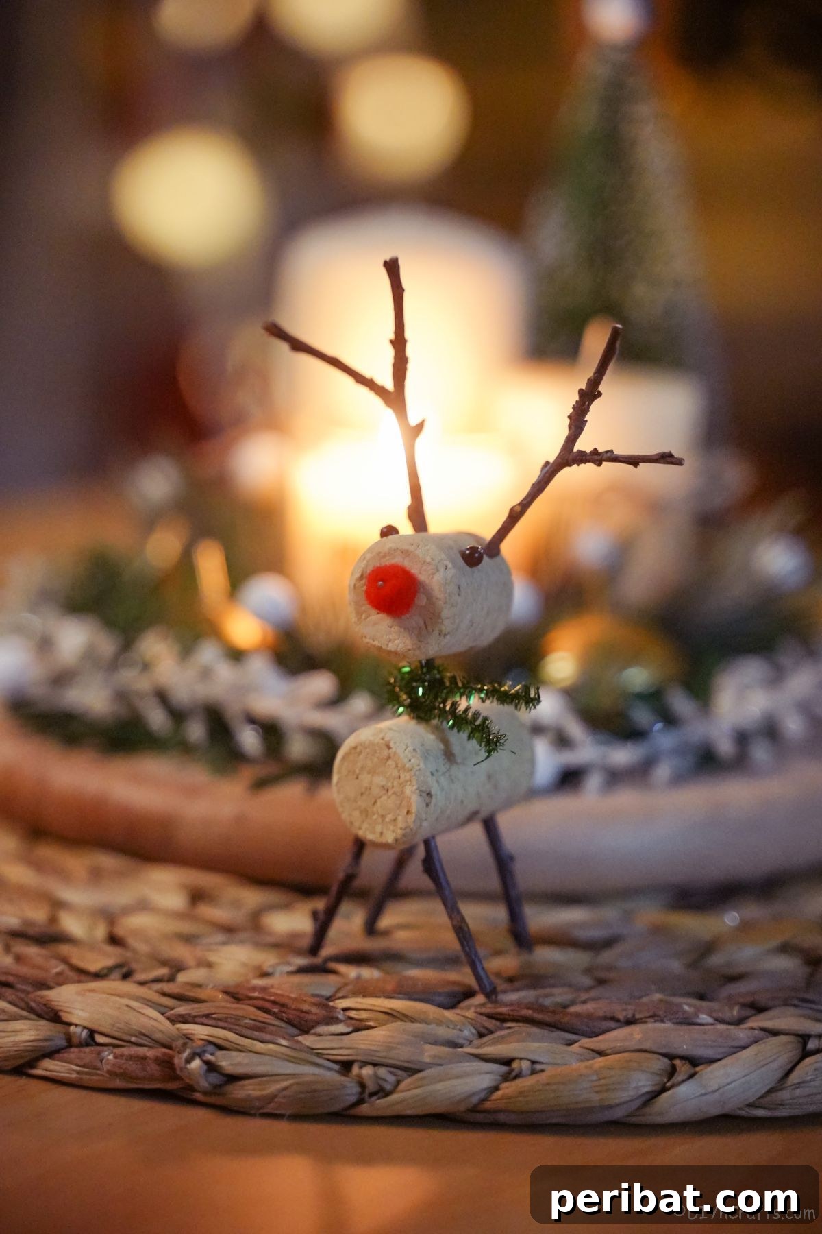 Whimsical Wine Cork Reindeer Ornament 18 A small, intricately crafted wine cork reindeer ornament, adorned with a festive green pipe cleaner scarf, stands charmingly against a blurred holiday background.