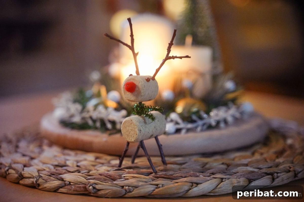 Whimsical Wine Cork Reindeer Ornament 5 A charming wine cork reindeer with delicate twig antlers and a red nose, placed on a woven jute placemat, with a soft candle glow in the background, creating a cozy atmosphere.