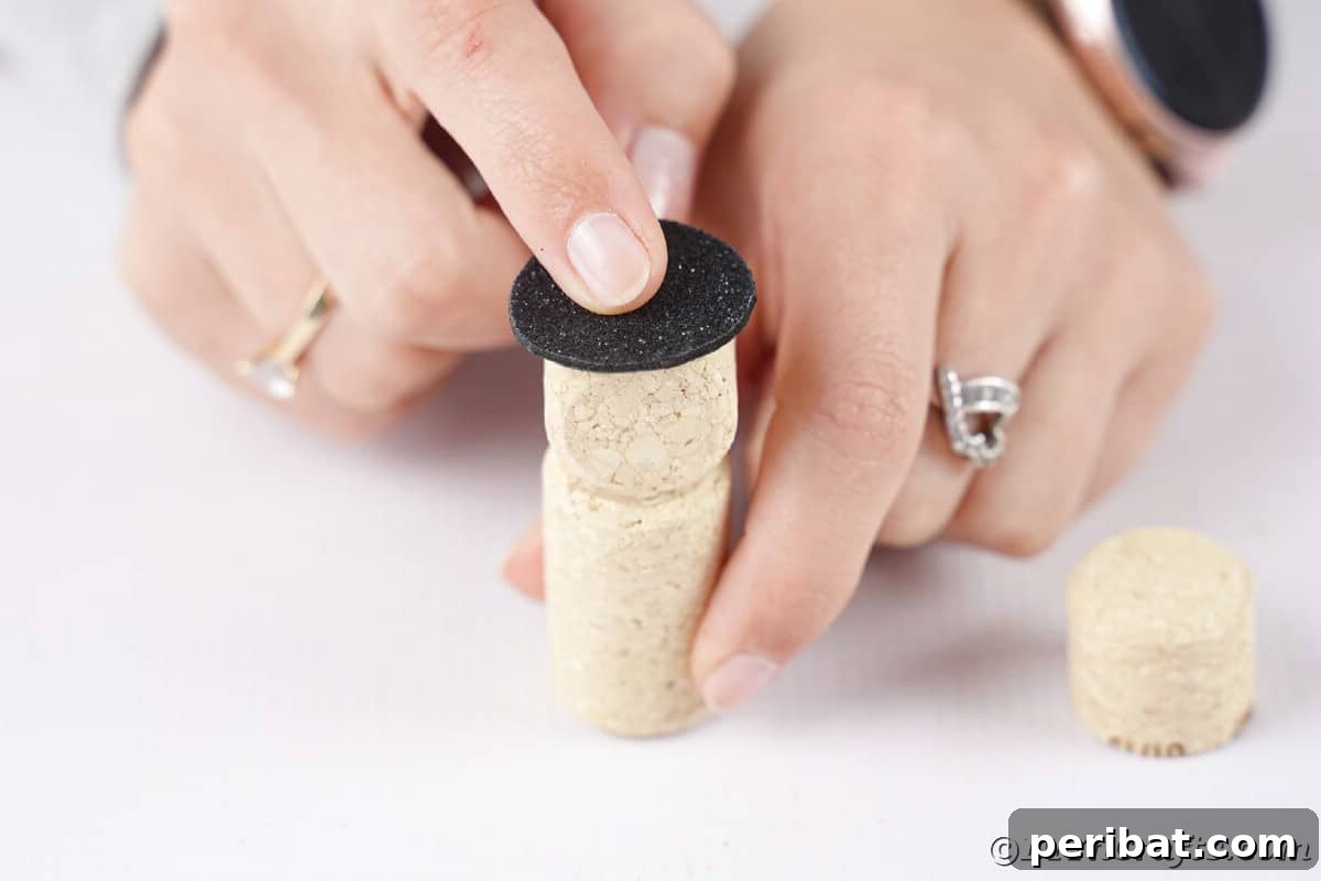 finger holding black felt circle on top of cork pieces