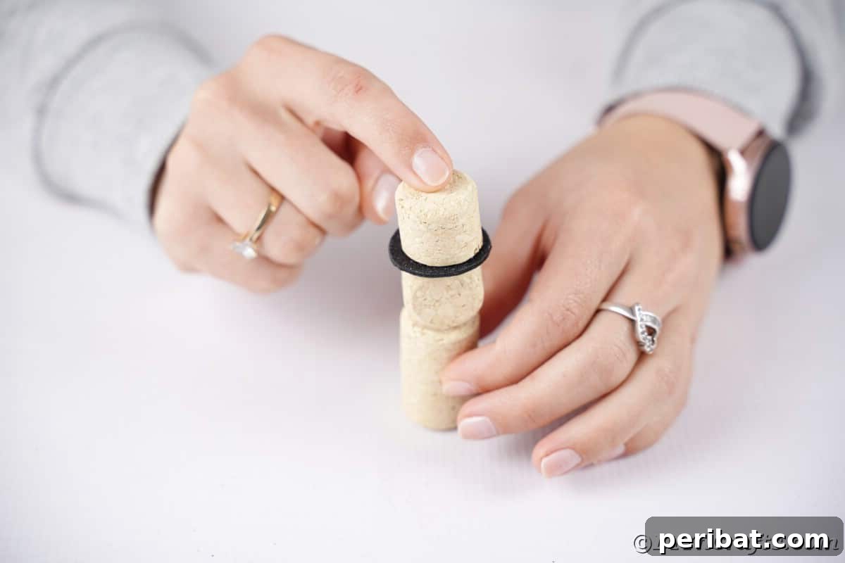 finger holding cork piece on top of black felt on snowman