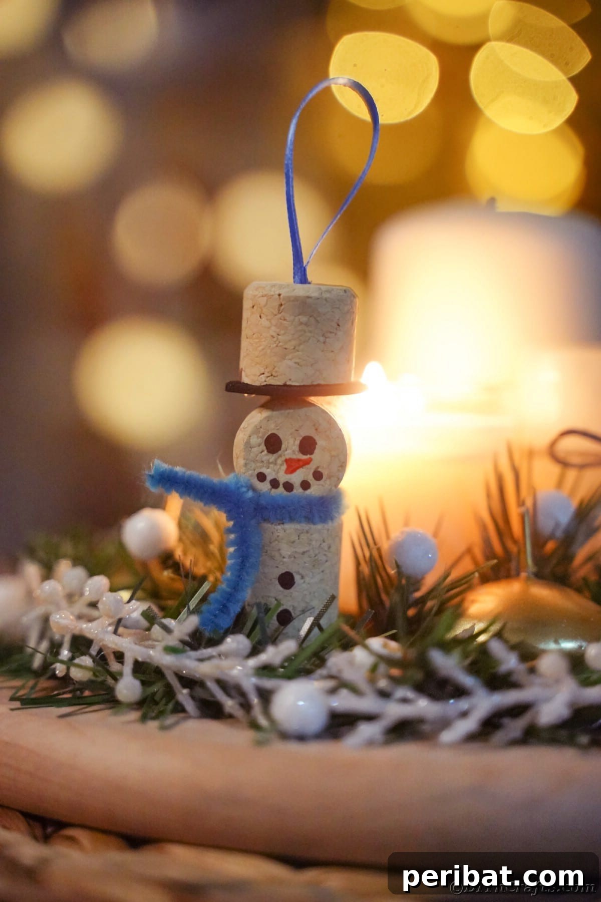 wine cork snowman with blue scarf hanging on tree by white fake berries