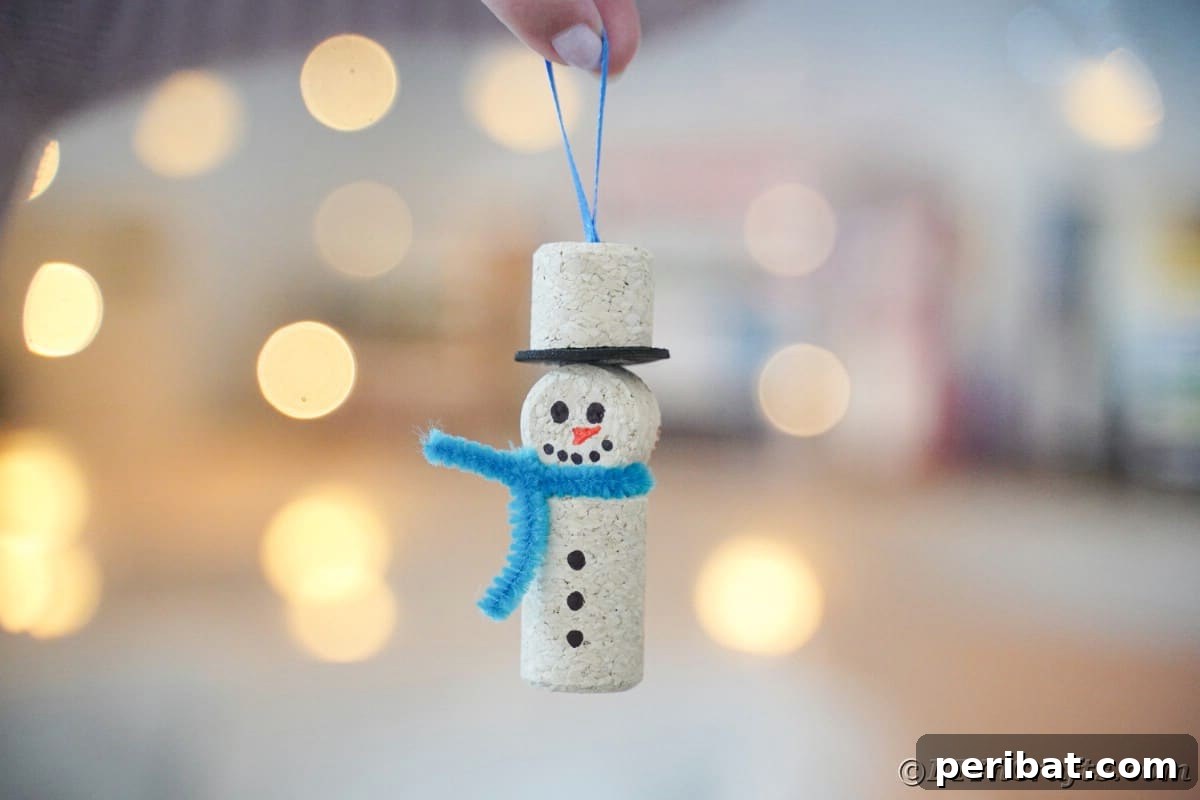 hanging wine cork snowman with blue scarf