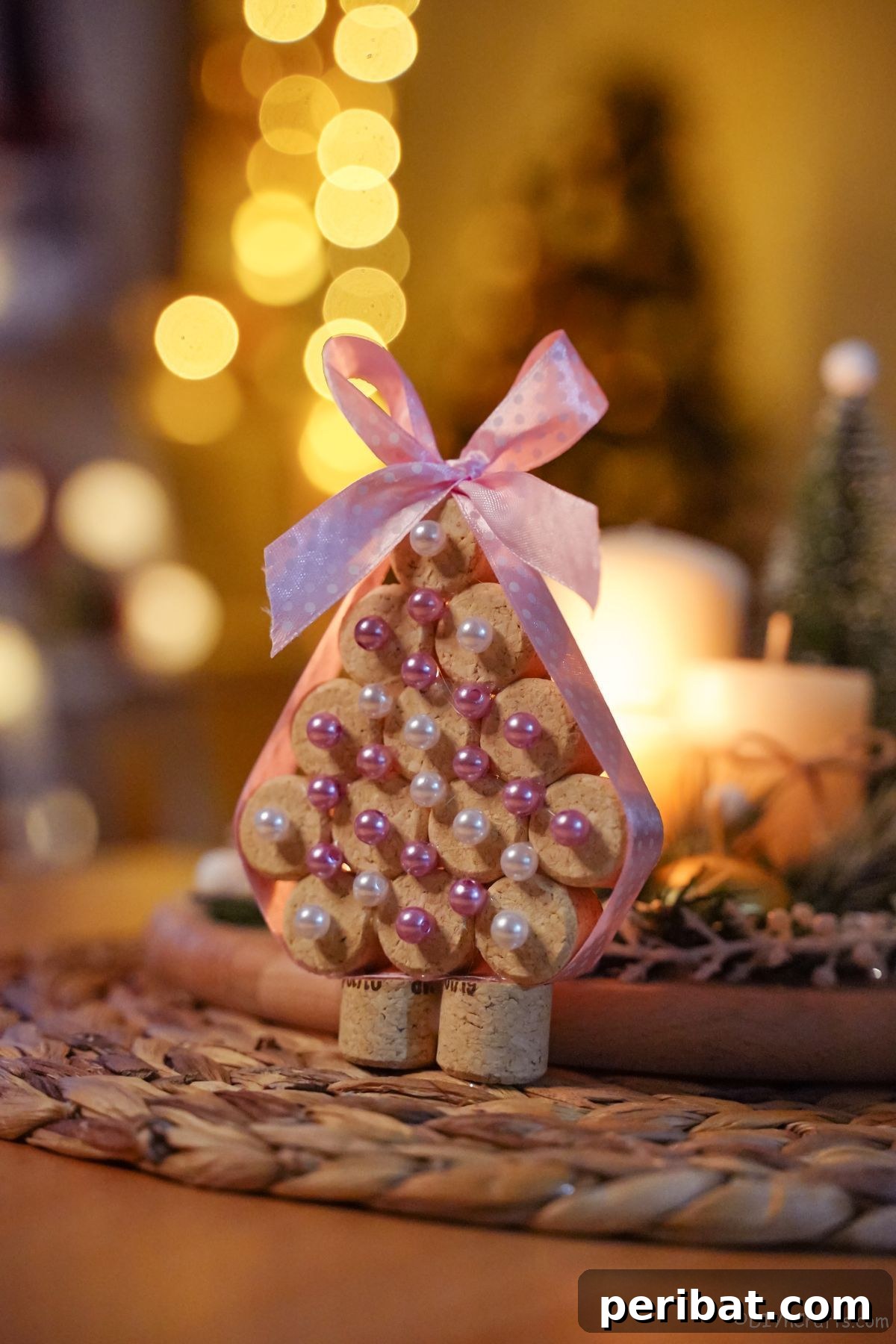 pink and white ribbon on cork mini tree with holiday tree in background, a unique DIY Christmas decoration