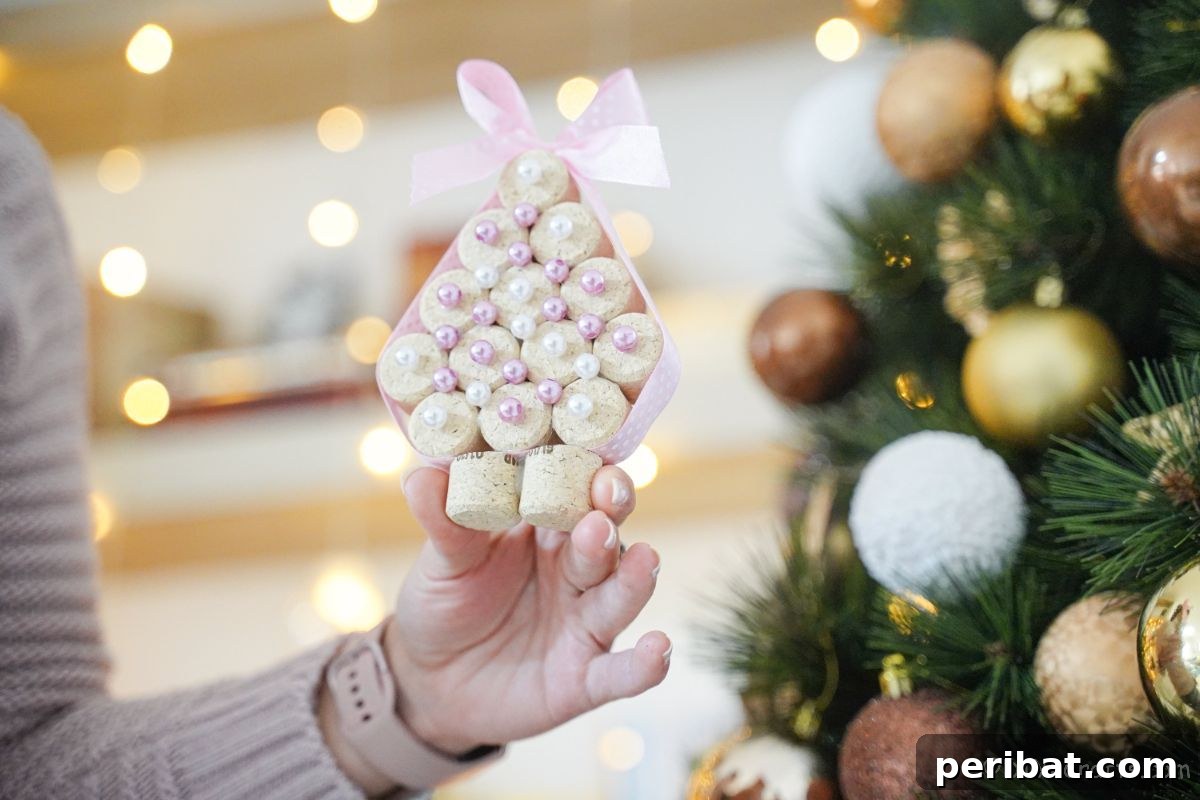 hand holding wine cork mini tree with pink and white beads and ribbon, showcasing homemade Christmas decor