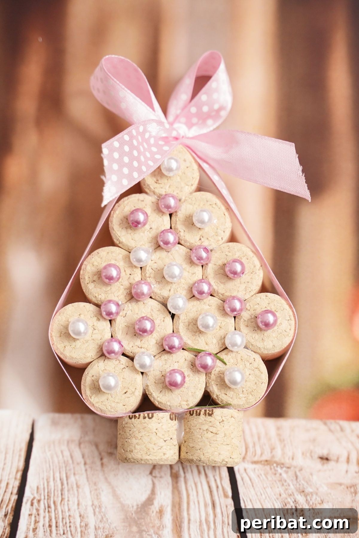 miniature cork tree with pink beads on wood table, adding handmade charm to Christmas decorations