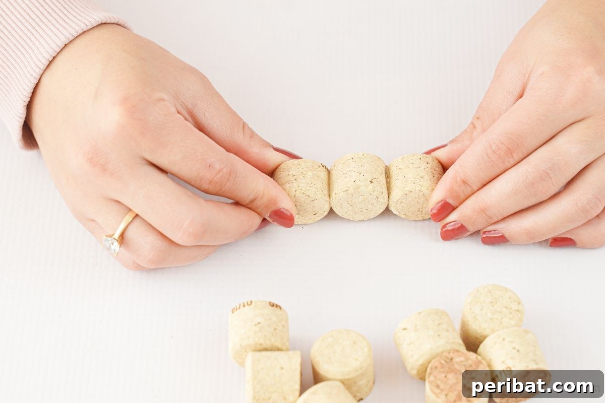 hands holding cork pieces together, beginning to assemble the mini Christmas tree