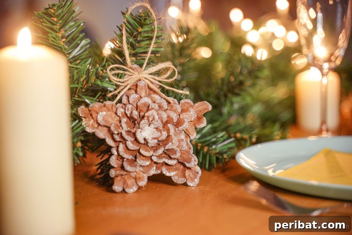 glitter pinecone star on table by blue plate