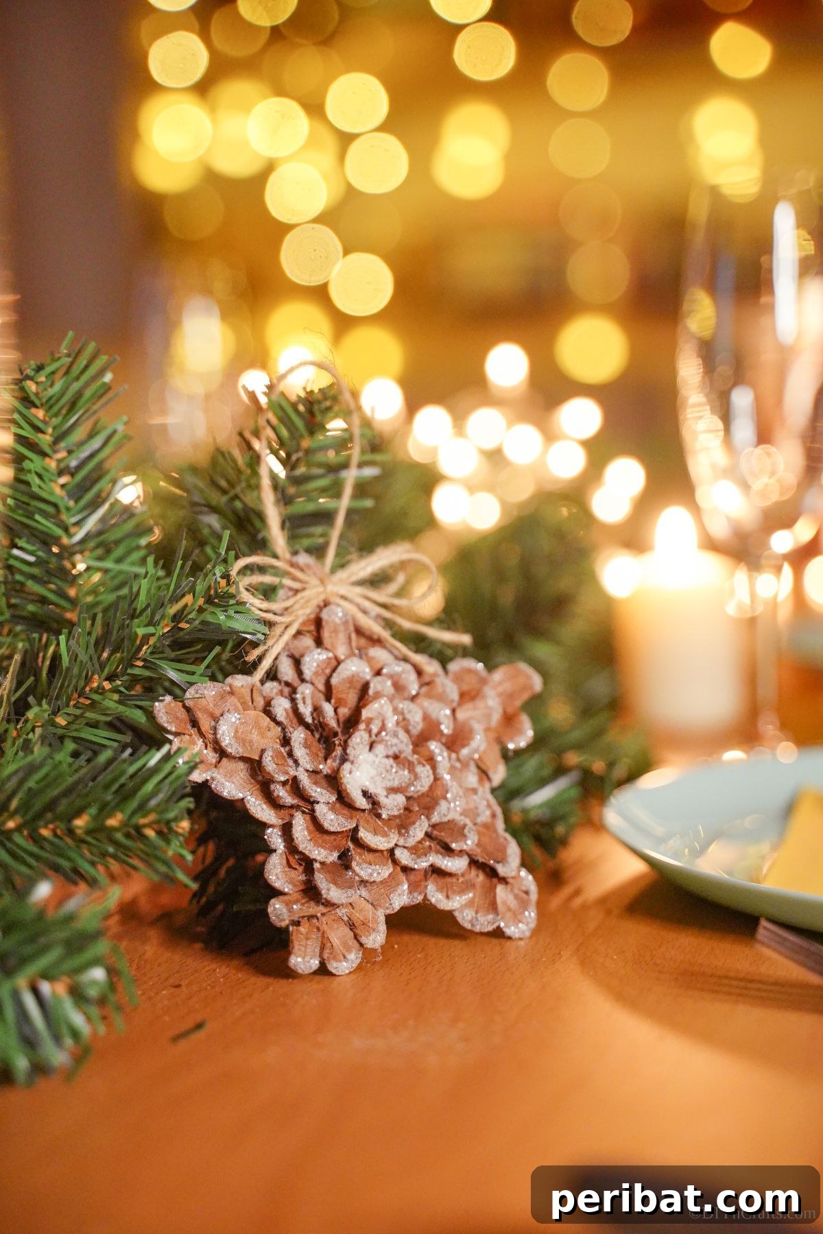 glitter pinecone star next to blue plate on table
