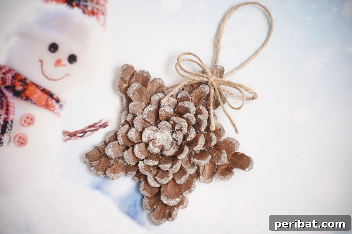 glitter pinecone star on paper with snowman decoration