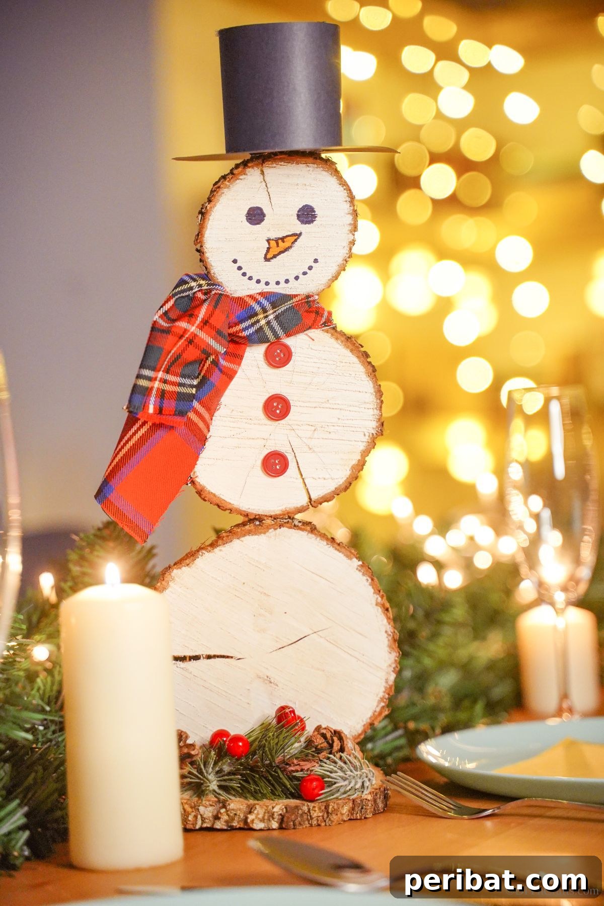 DIY Rustic Wood Slice Snowman Decor 2 Festive wood slice snowman with twinkling Christmas tree lights in the background, perfect for rustic holiday decor
