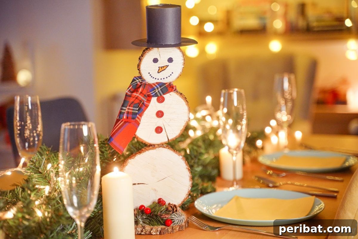 DIY Rustic Wood Slice Snowman Decor 20 A beautifully set table with festive place settings, featuring a charming wood slice snowman as the centerpiece, ready for a holiday gathering