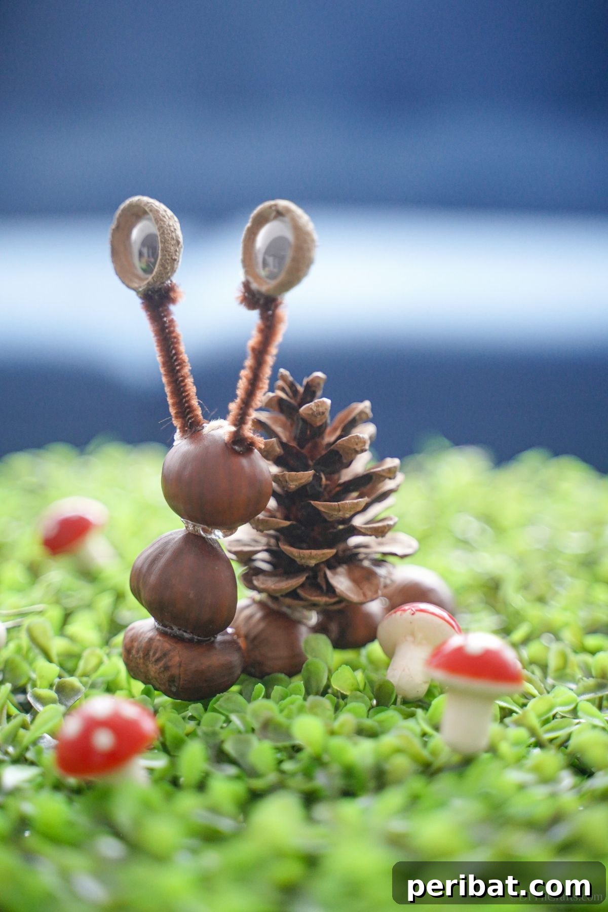 Adorable pinecone snail resting on clover with miniature mushrooms, showcasing natural elements.