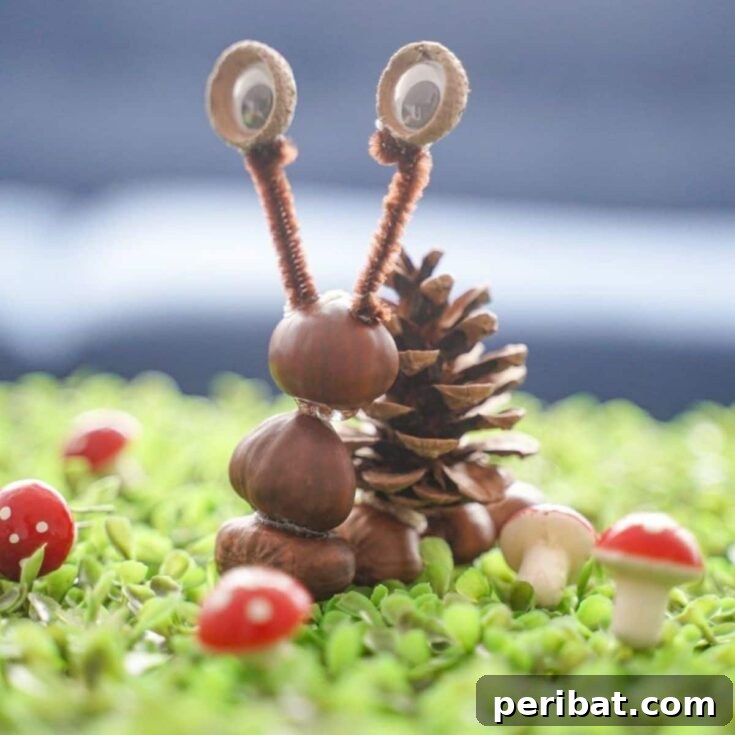 Snail made of nuts and pinecone on clover with mini mushrooms, a featured image for the craft.