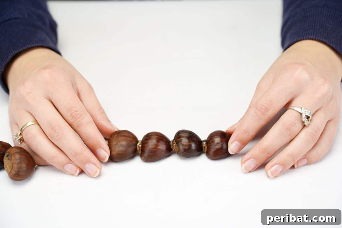 Hands holding four chestnuts together while glue dries, illustrating step 2 of the craft.