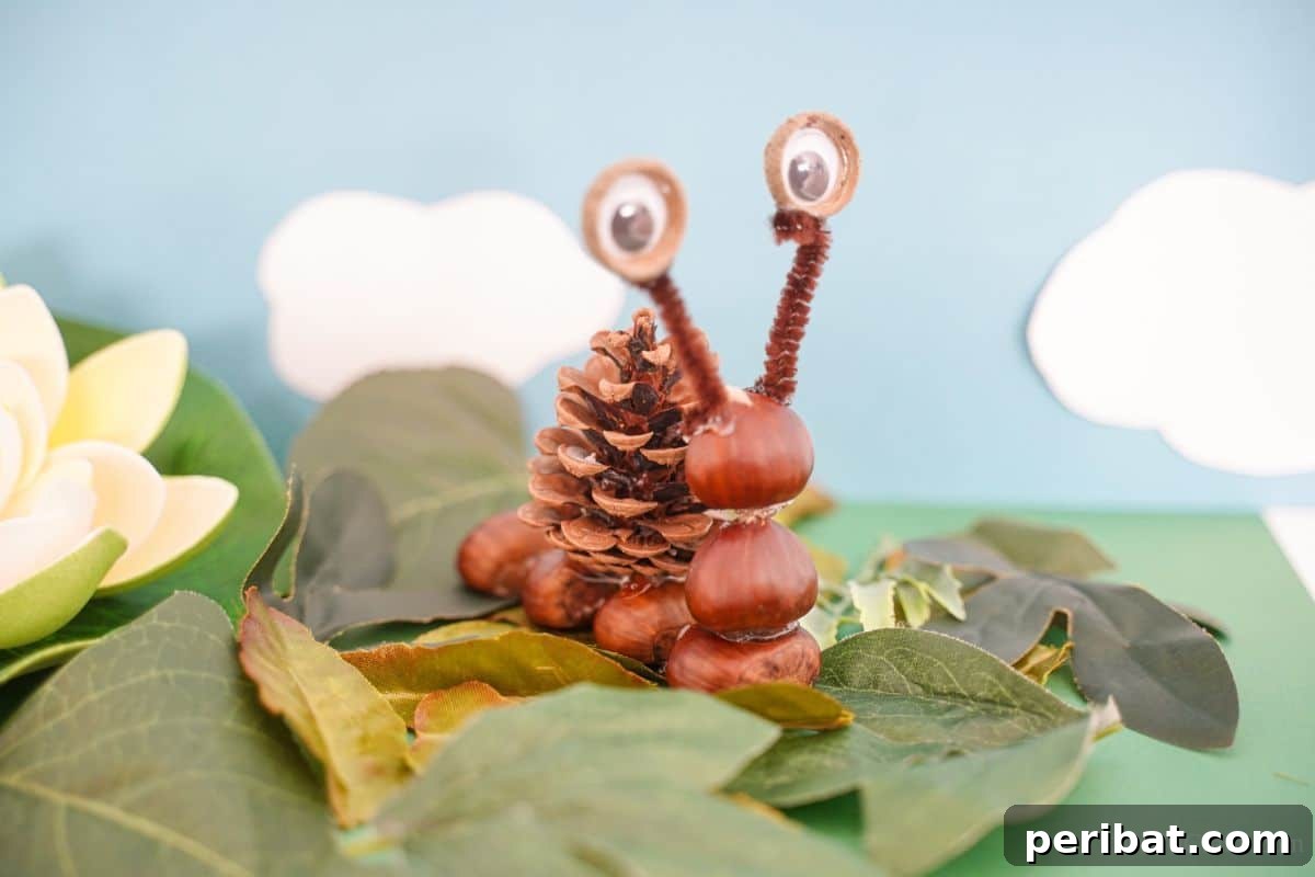 Pinecone snail on colorful autumn leaves with a light blue backdrop, highlighting its rustic beauty.