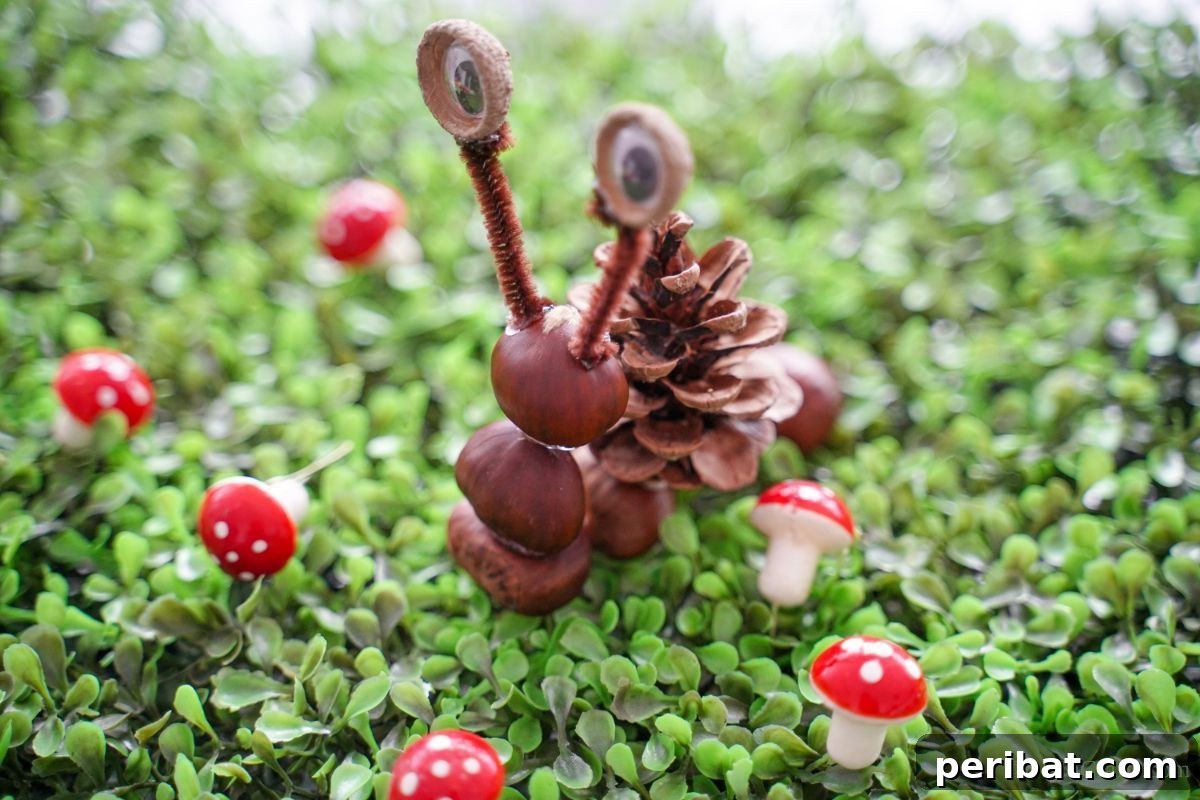 Pinecone and nut snail resting on grass surrounded by mini mushrooms, showcasing its natural habitat.