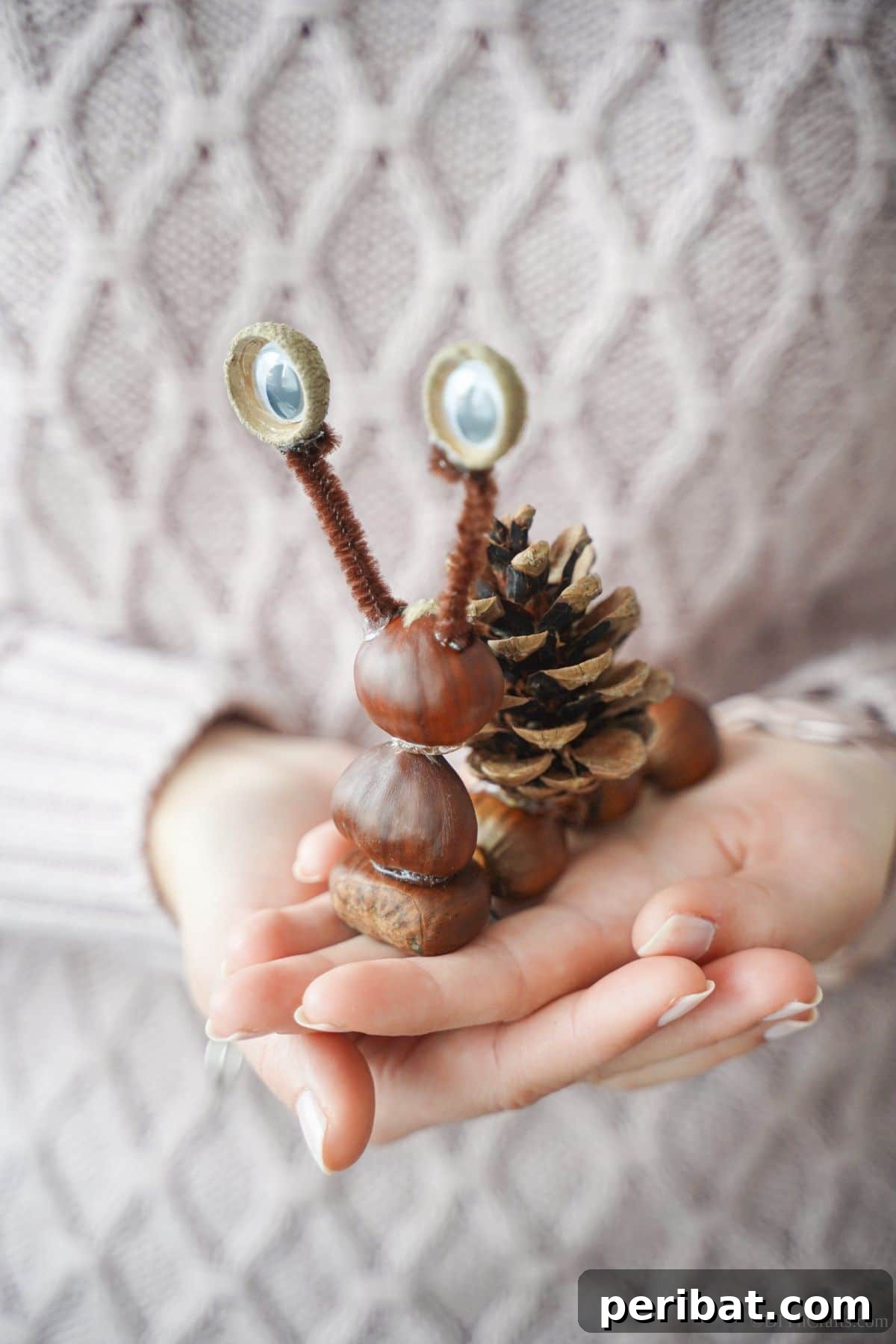 Pinecone and nut snail held gently in a woman's hand, showing the finished craft.