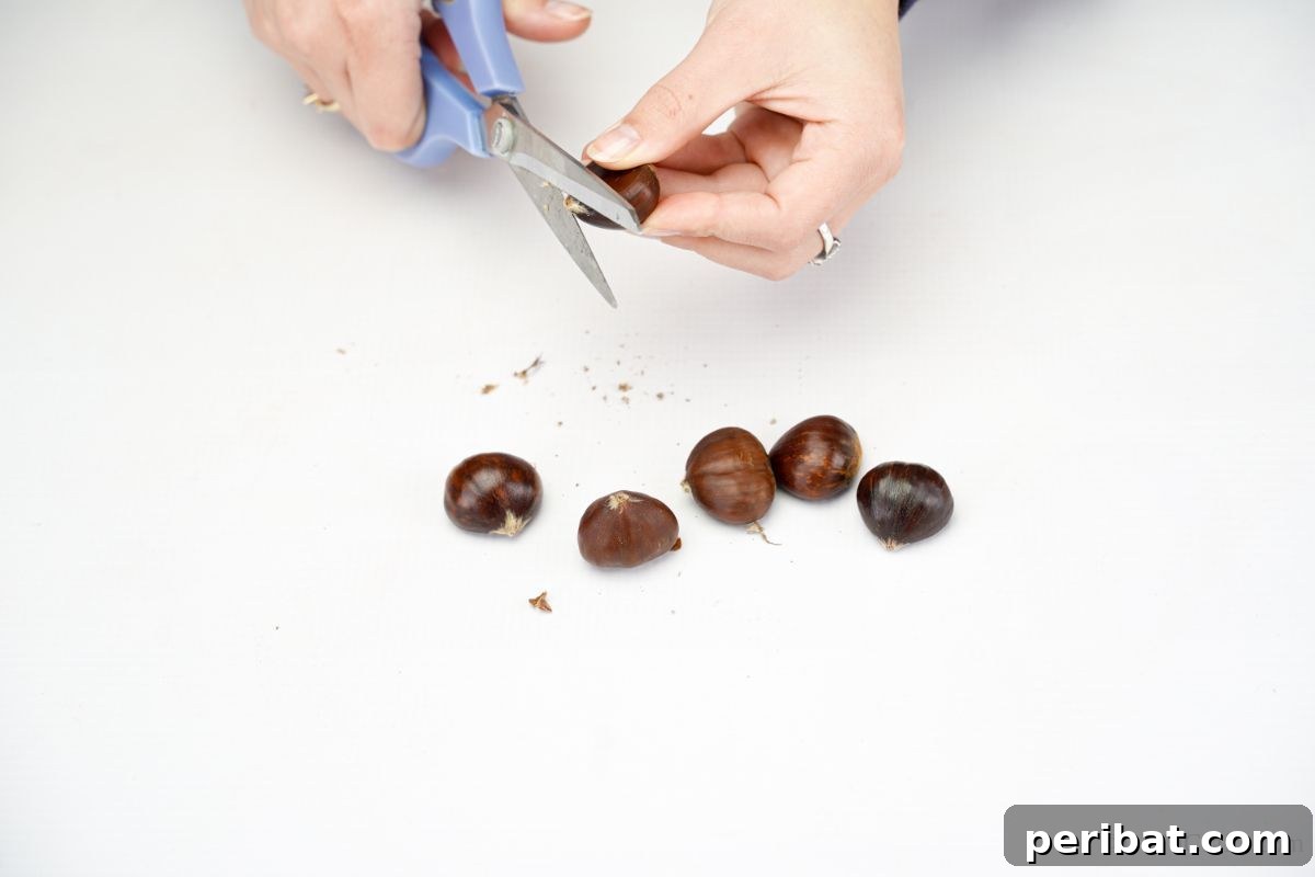 Blue scissors being used to carefully trim the stem ends from nuts, preparing them for crafting.