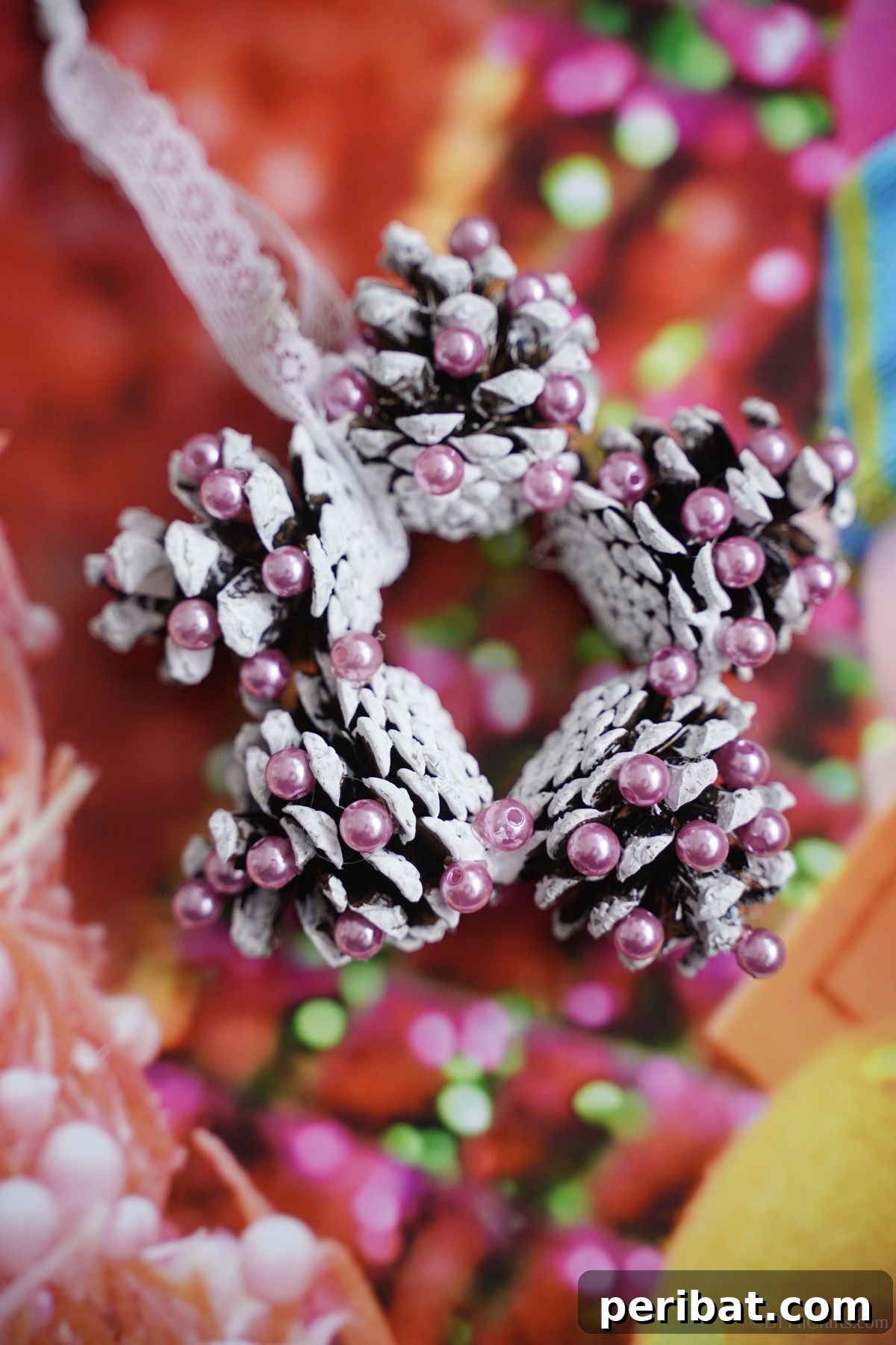 Glistening Bead-Adorned Pinecone Star 14 pinecone star with lace ribbon on colorful holiday paper