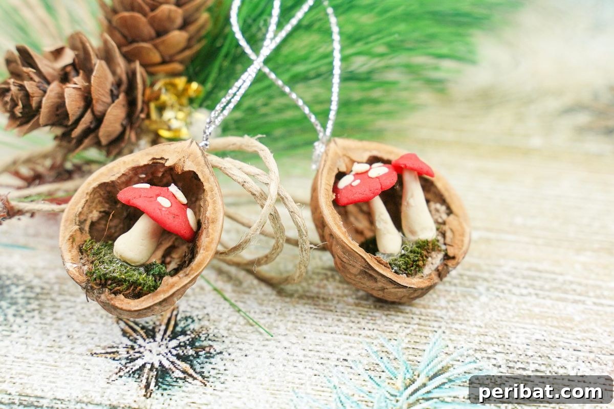 Two walnut shell ornaments, each containing miniature red and white mushrooms, are elegantly displayed on holiday-themed paper alongside pinecones, enhancing their natural and festive appeal.