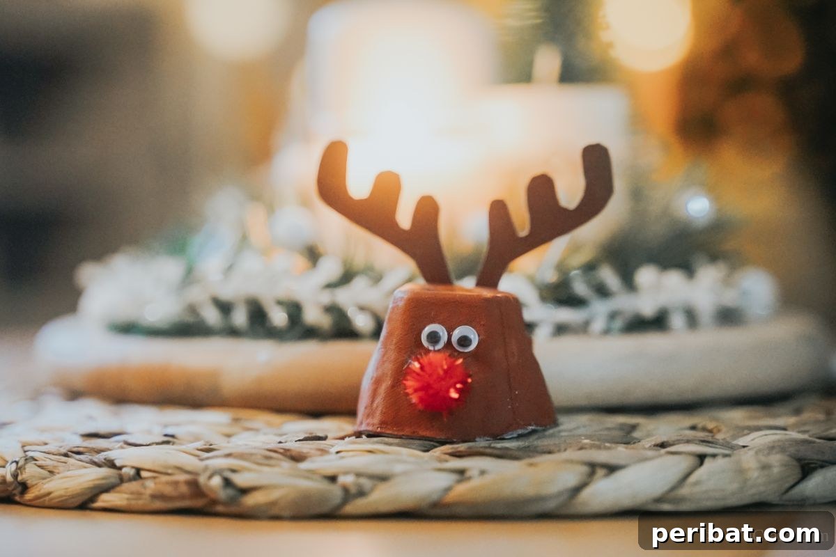 An adorable egg carton Rudolph reindeer sitting on a table with a warm, glowing candle in the background, creating a cozy and festive atmosphere.