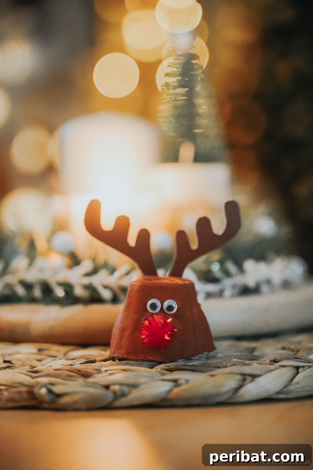 A finished Rudolph reindeer crafted from an egg carton cup, positioned elegantly on a table beside a flickering candle, evoking a cozy holiday ambiance.