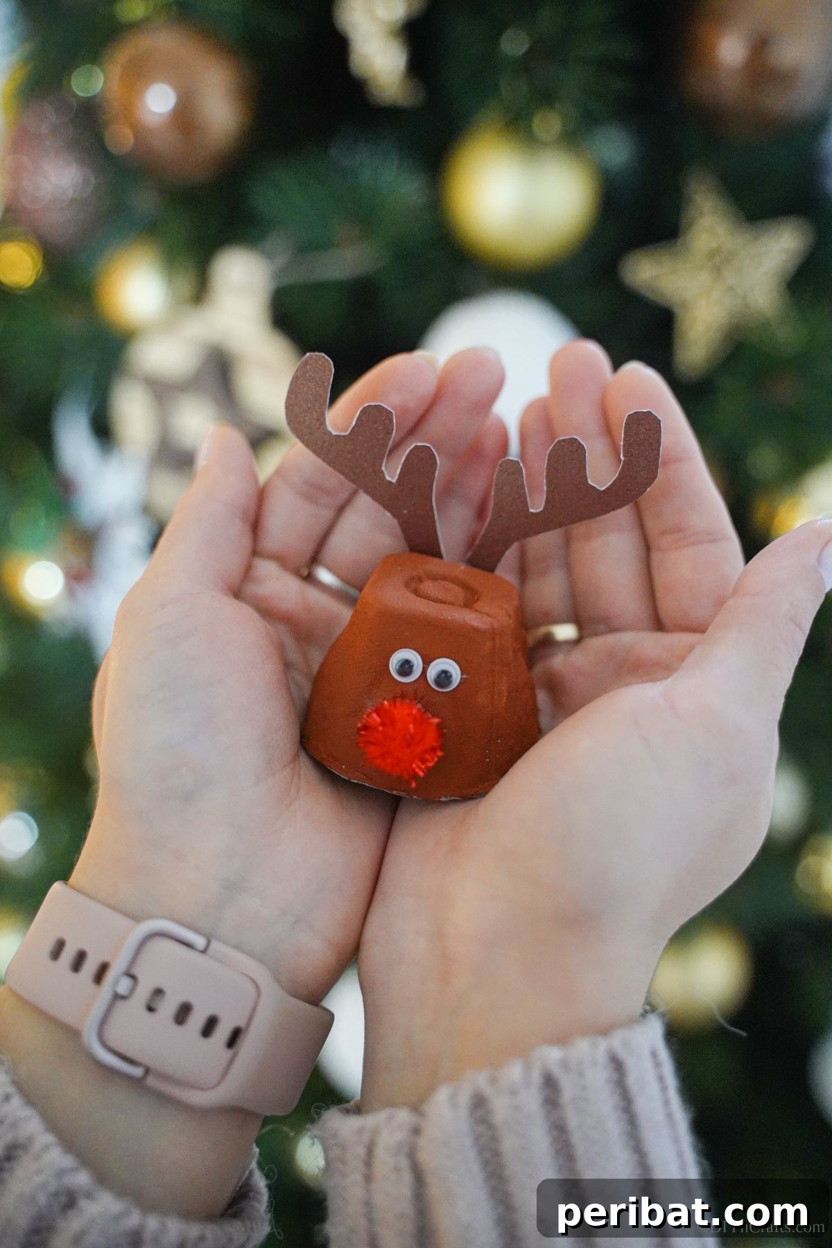 Hands holding a beautifully crafted egg carton reindeer, ready to be displayed as a festive Christmas decoration.