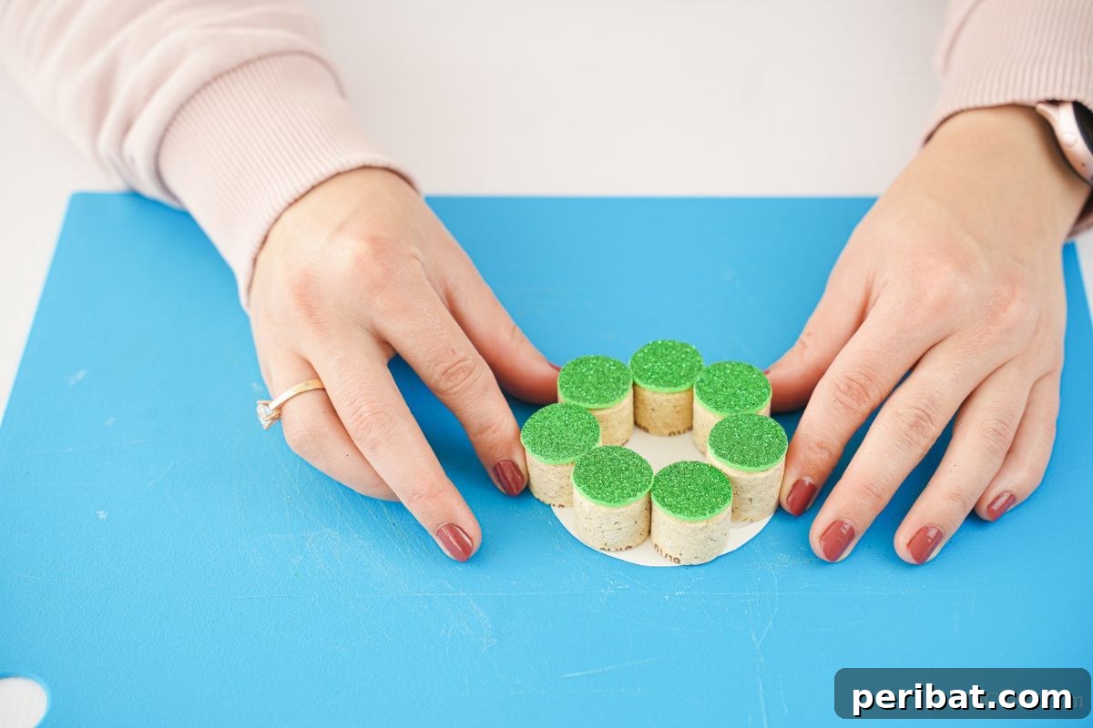 Repurposed Cork Wreath Charm 9 Circular arrangement of corks with green glitter tops, secured on a blue crafting mat