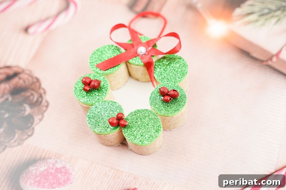 Repurposed Cork Wreath Charm 3 Miniature wine cork wreath ornament with a red bow, resting on a patterned scrapbook paper
