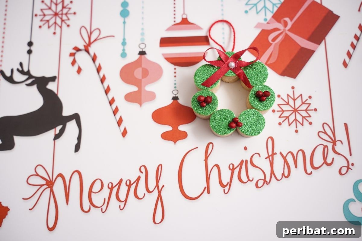 Repurposed Cork Wreath Charm 19 miniature wreath made of cork on merry christmas paper